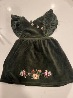 18 M - Green Velvet Corduroy Floral Embroidered Flutter Sleeve Dress